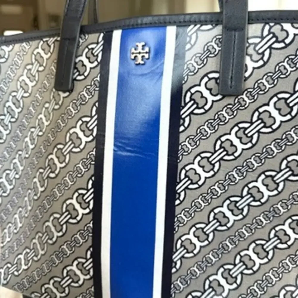TORY‎ BURCH Gemini Link Canvas Satchel Tote Navy Stripe Crossbody Bag